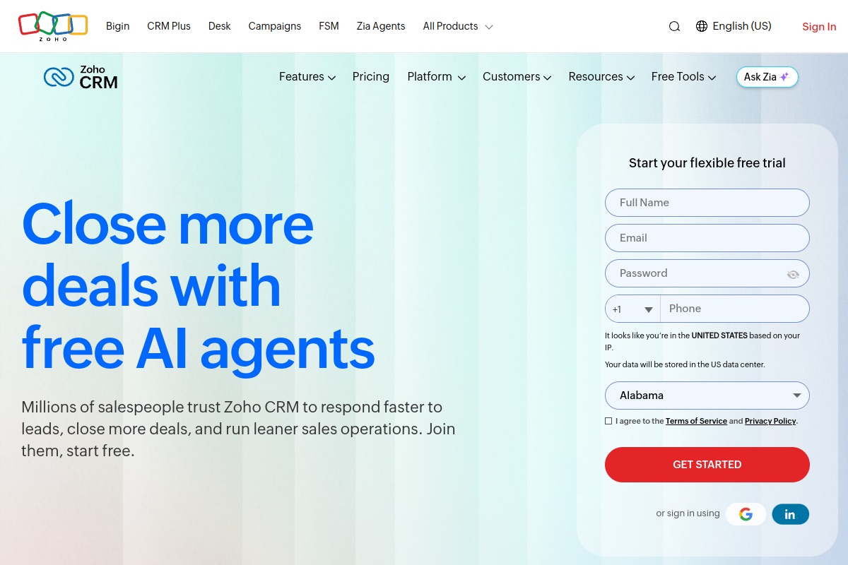 Zoho CRM product page with free trial sign-up form