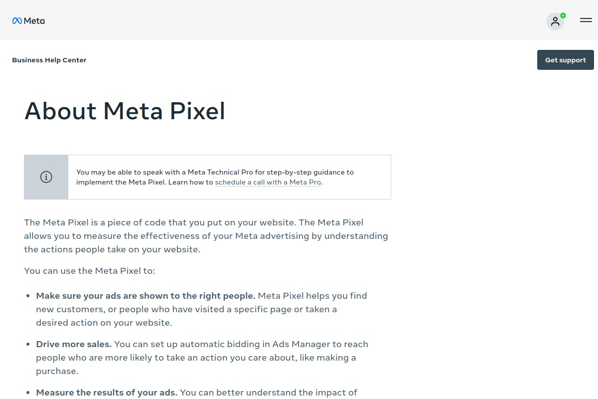 Meta Business Help Center page titled About Meta Pixel