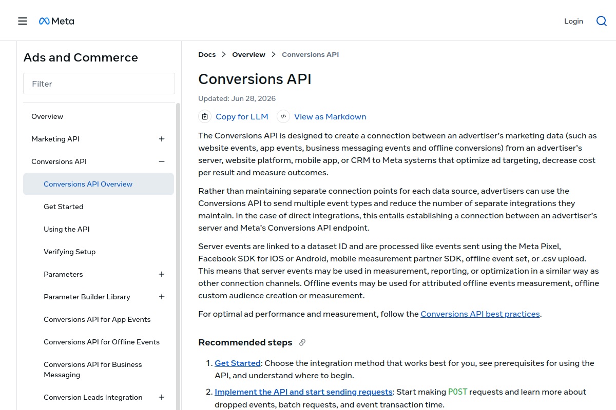 Meta for Developers documentation page for the Conversions API