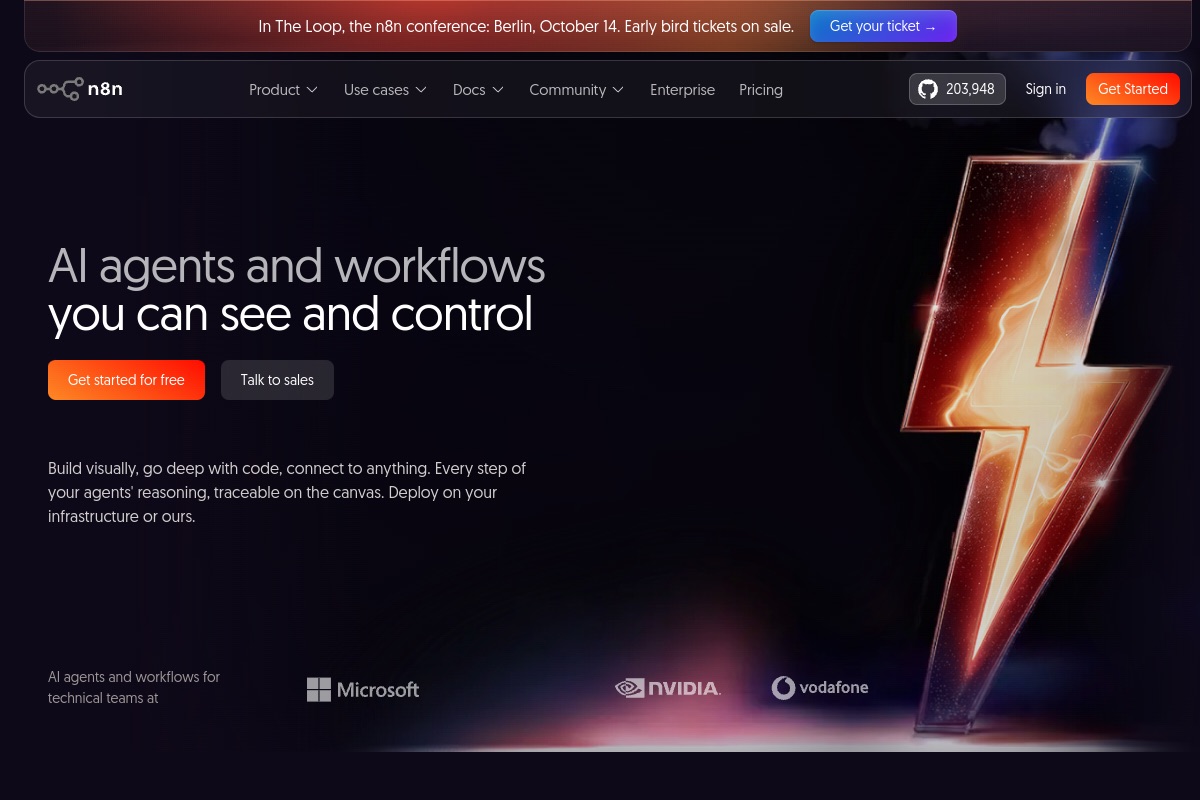 Homepage of n8n, a workflow automation platform used to orchestrate AI agents and integrations
