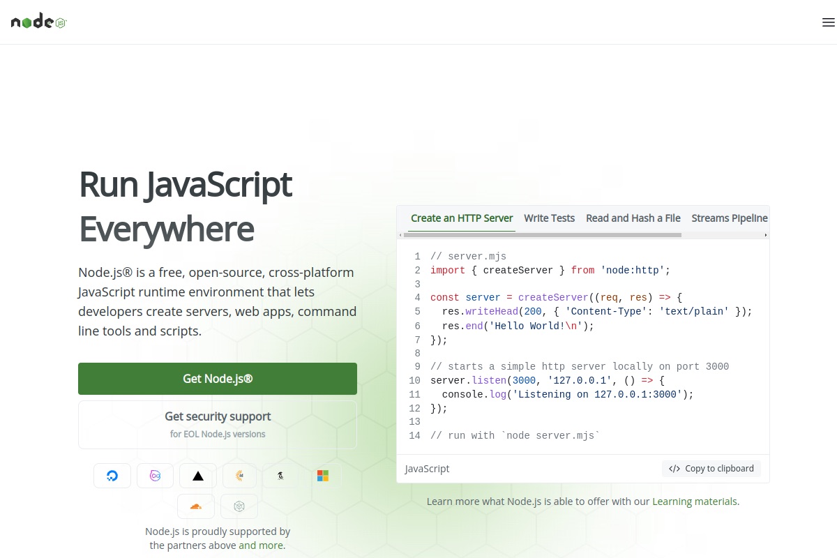 Homepage of Node.js, the JavaScript runtime