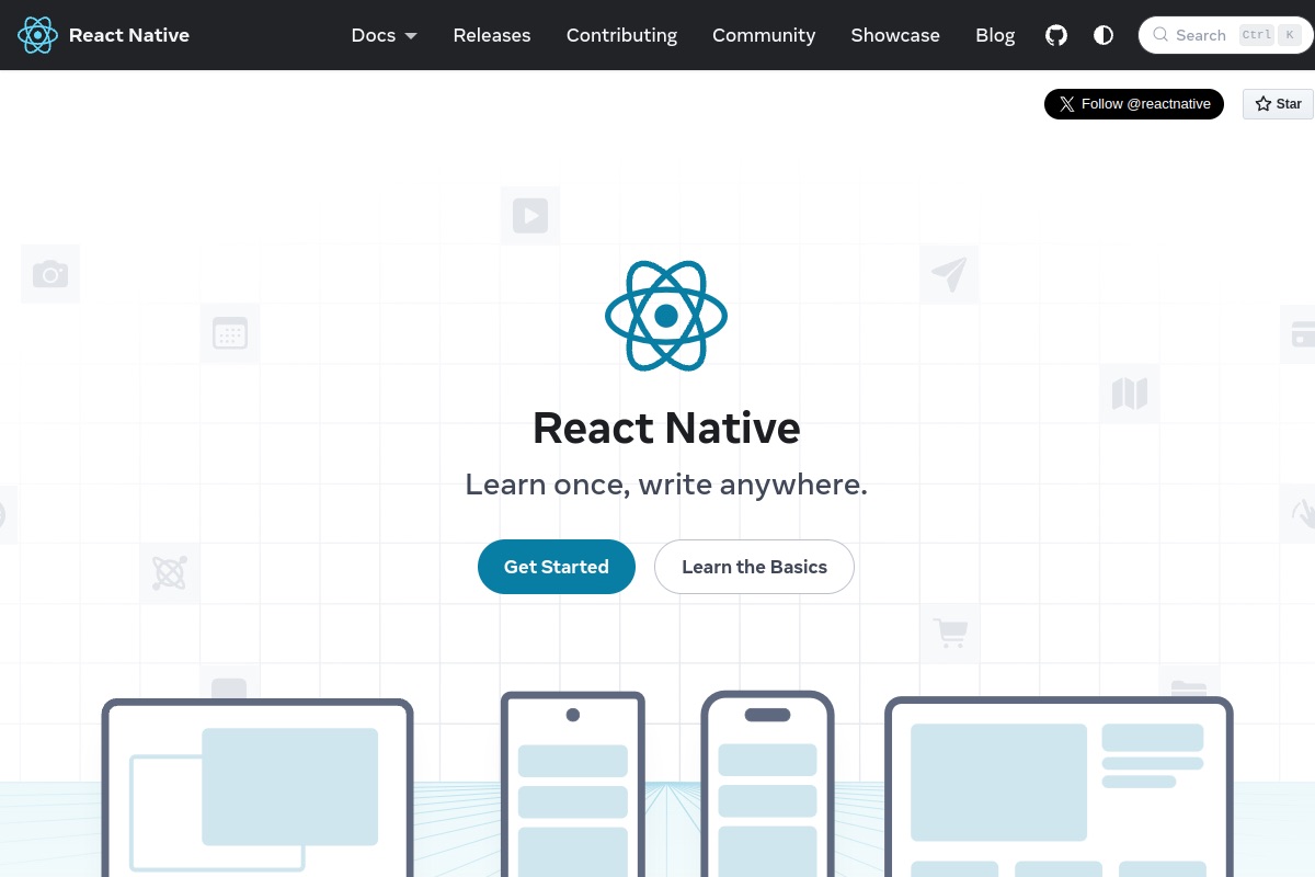 Homepage of React Native, the framework for building native apps with React